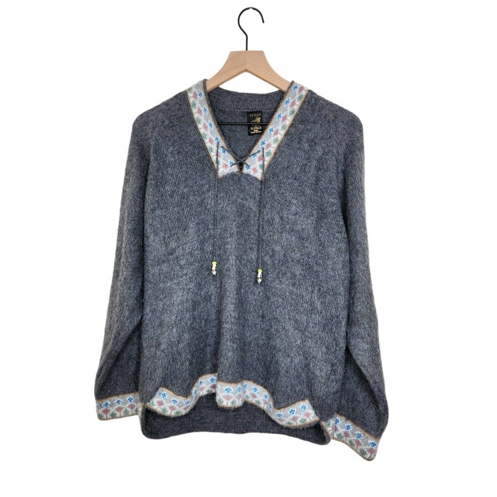 Pedsa Alpaca Sweater Drawstring V-Neck Geometric Collar Hem Women's Size S